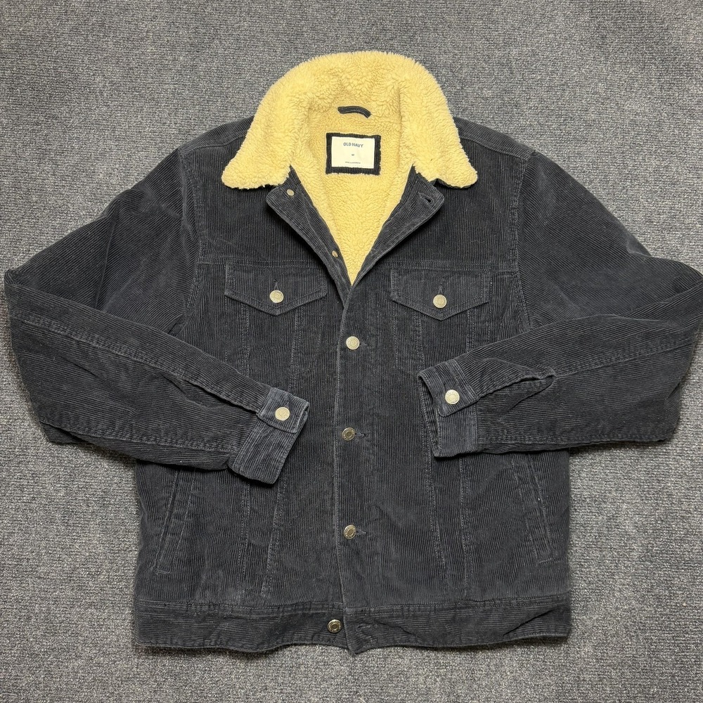 Old Navy Jacket Mens Medium Gray Corduroy Sherpa Lined Button Bomber Winter